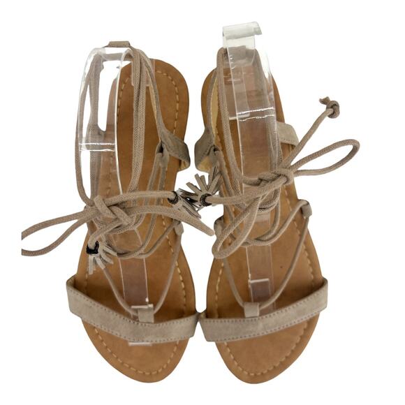 Boho Gladiator Womens US 7 Brown Faux Leather Suede Ankle Wrap Sandals Shoes - Picture 6 of 10